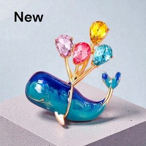 New!  Whale Brooch Pin – Vintage Look Colorful Enamel & Rhinestone Faux